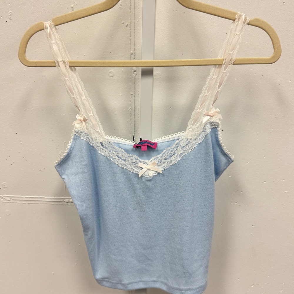 NWT Edikted Y2K Li Blue Pointelle Lace Trim Cami Top S16205 Coquette Bows LBaby